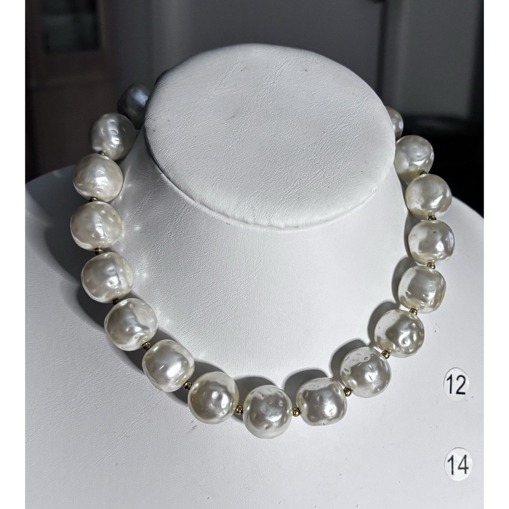Vintage Faux Baroque Pearl Necklace Large Beads Floral Box Clasp